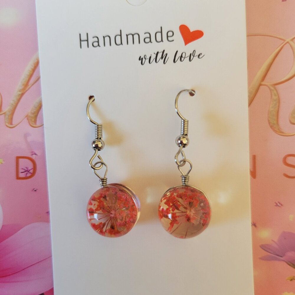 Silver Plated Real Dried Orange Flower Resin Earrings - Round